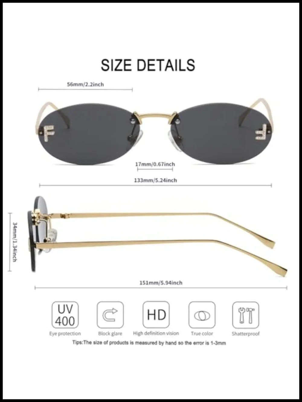 Rimless Oval Sunglasses Y2K Rhinestone Diamond Frame Retro 90s UV400 Protection